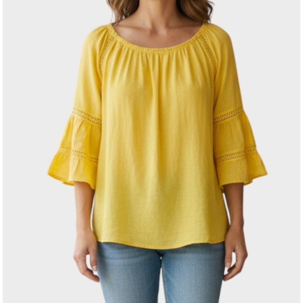 C est 1946 Large Yellow Bell 1/2 Sleeve Round Neck Gauzy Top Rayon Polyester
